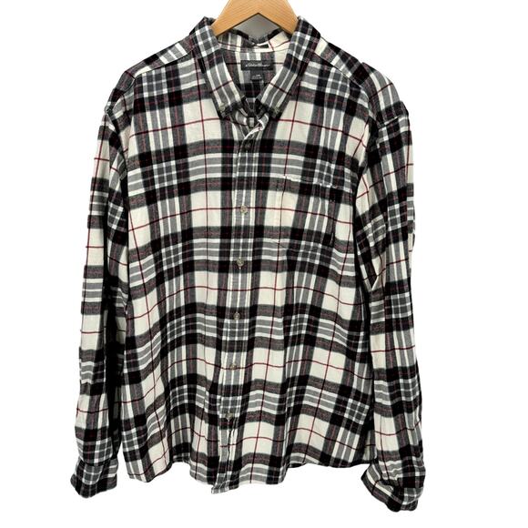 Eddie Bauer Shirt Mens 2XL Flannel Button Down Classic Fit Cream Black Red Plaid - Picture 1 of 7